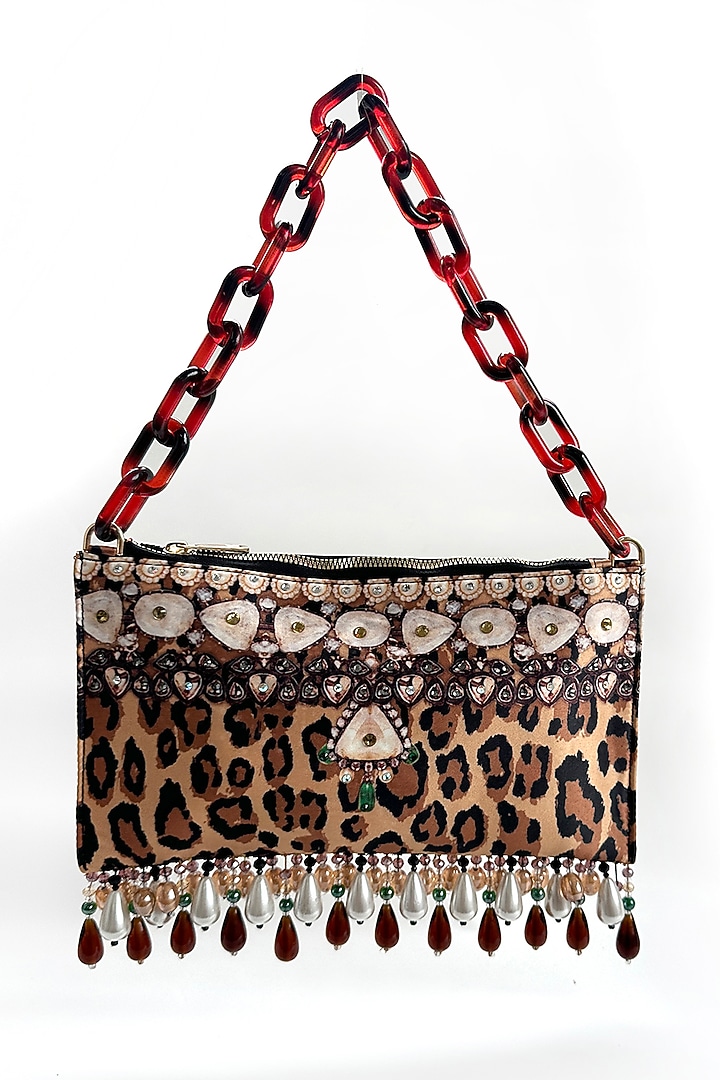 Brown Satin Pearl & Bead Embellished Handbag by The Garnish Company at Pernia's Pop Up Shop
