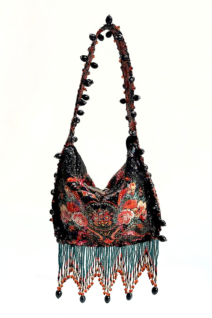 Black Cotton Sequin & Tasseled Potli Bag by The Garnish Company at Pernia's Pop Up Shop