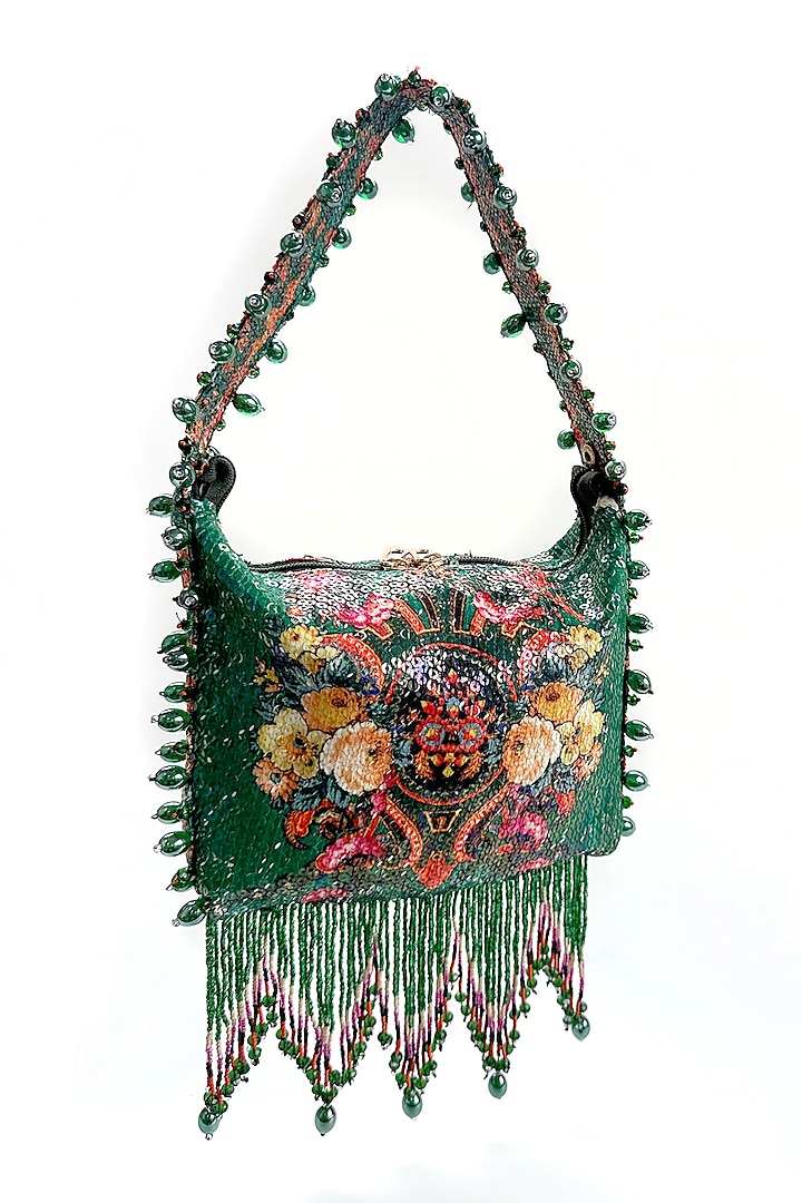 Green Cotton Sequin & Tasseled Potli Bag by The Garnish Company at Pernia's Pop Up Shop