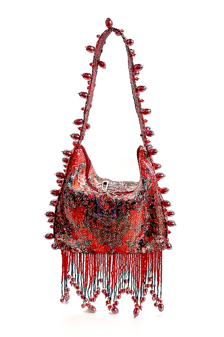 Red Cotton Sequin & Tasseled Potli Bag by The Garnish Company at Pernia's Pop Up Shop