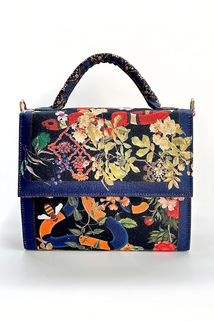 Black Cotton Floral Printed Hand Bag by The Garnish Company at Pernia's Pop Up Shop