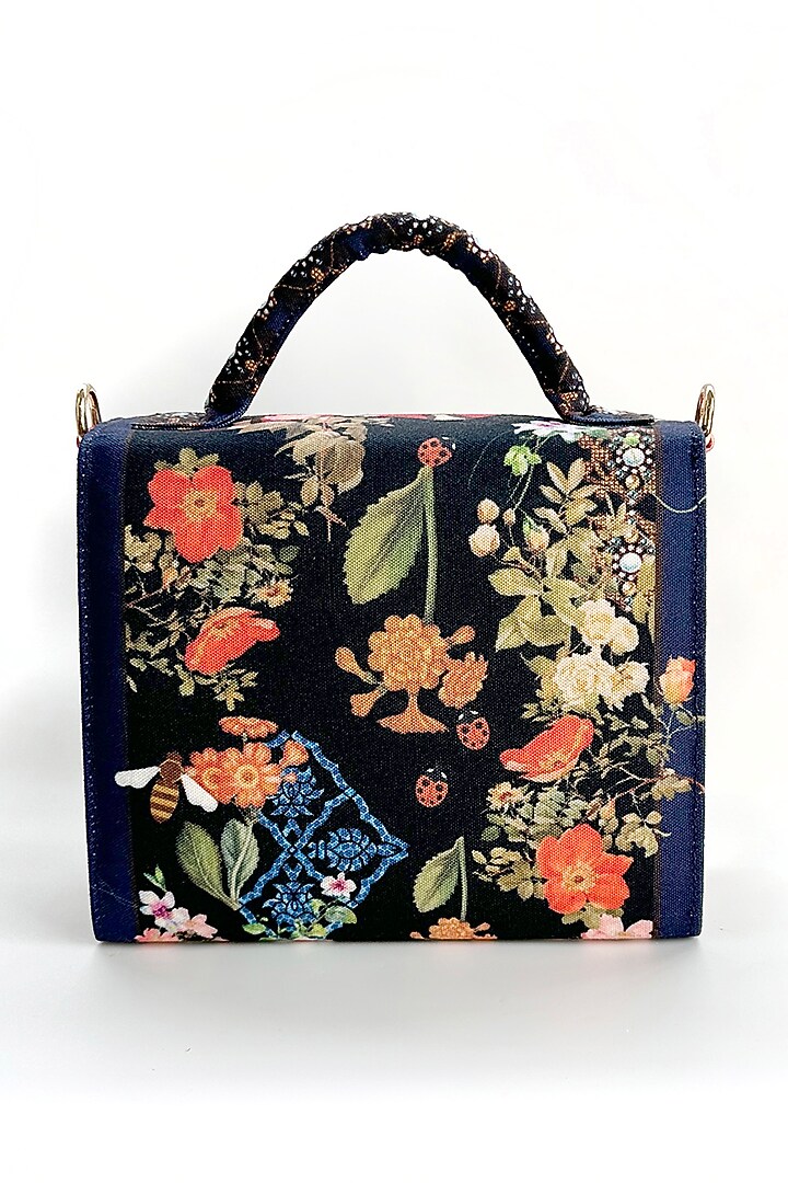 Black Cotton Floral Printed Hand Bag by The Garnish Company at Pernia's Pop Up Shop