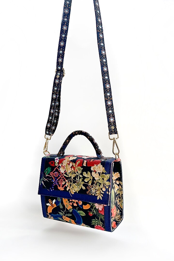 Black Cotton Floral Printed Hand Bag by The Garnish Company at Pernia's Pop Up Shop
