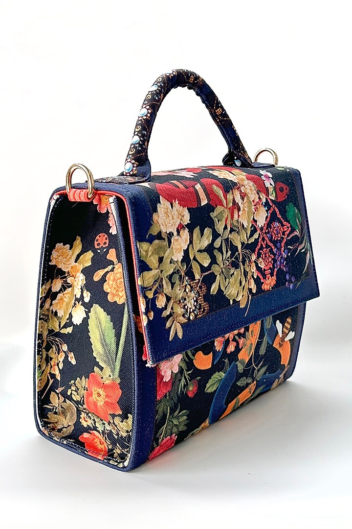 Black Cotton Floral Printed Hand Bag by The Garnish Company at Pernia's Pop Up Shop