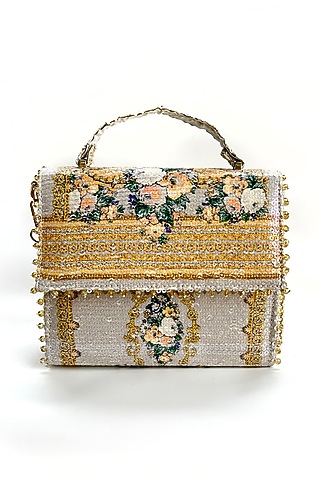 Grey Cotton Printed Sequins Handbag by The Garnish Company