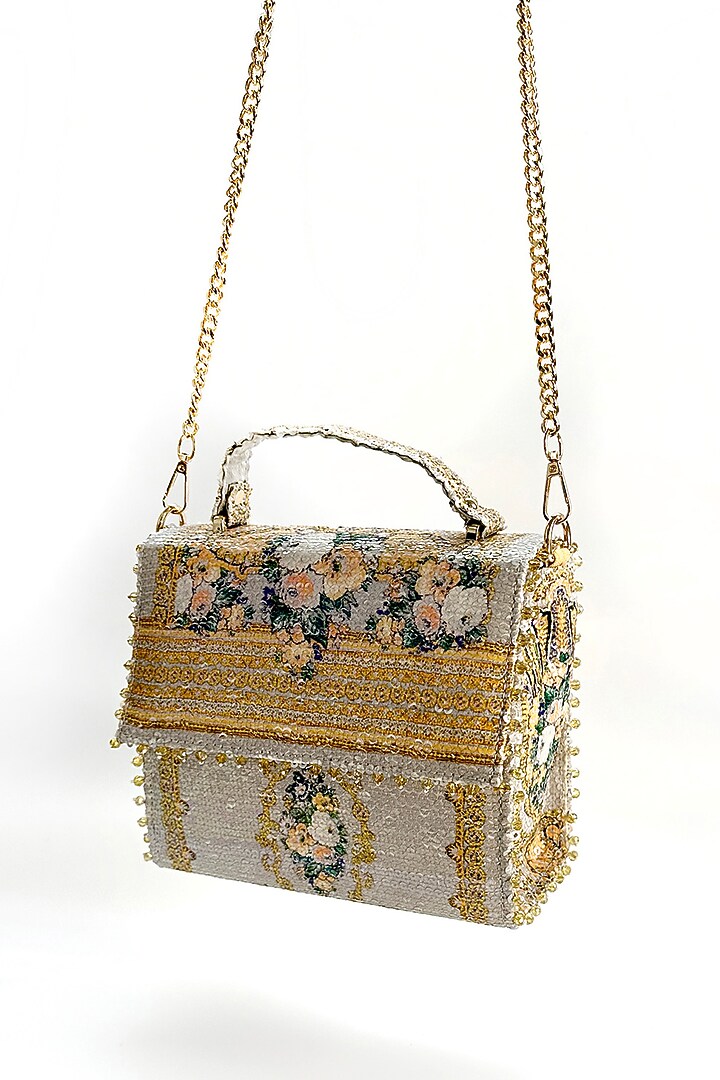 Grey Cotton Printed Sequins Handbag by The Garnish Company at Pernia's Pop Up Shop