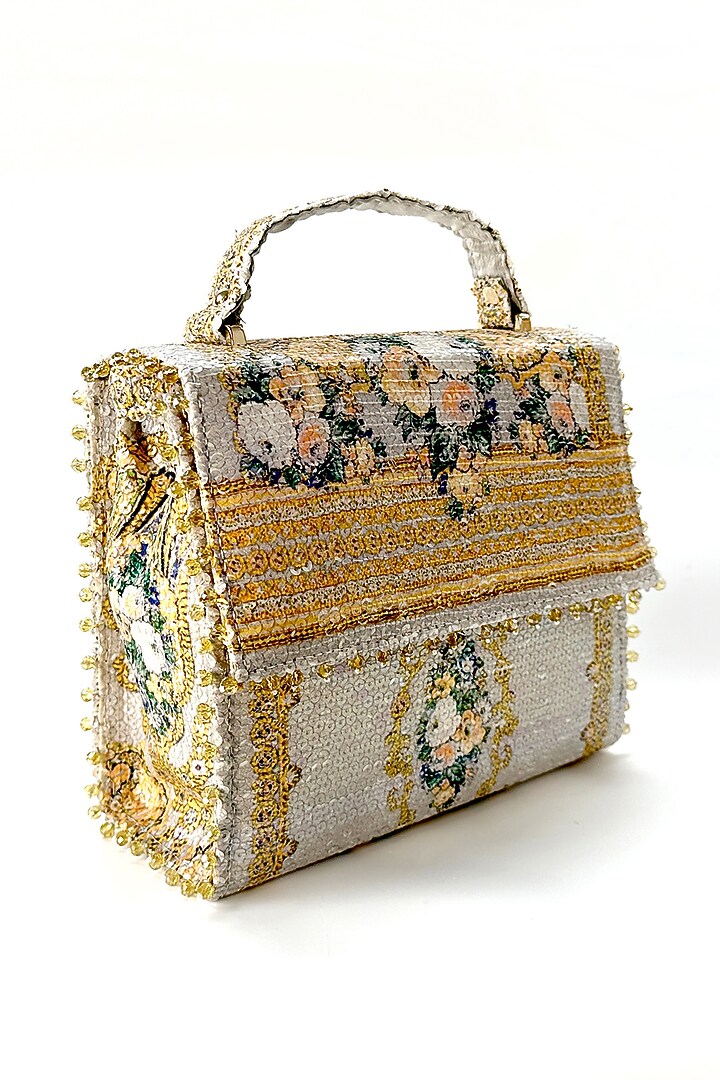 Grey Cotton Printed Sequins Handbag by The Garnish Company at Pernia's Pop Up Shop