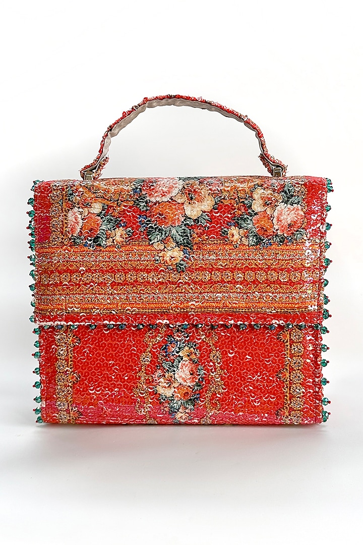 Red Cotton Printed Sequins Handbag by The Garnish Company at Pernia's Pop Up Shop