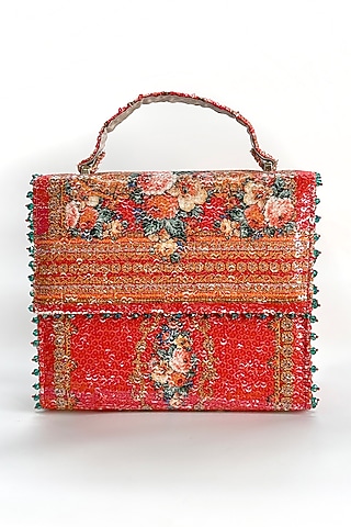 Red Cotton Printed Sequins Handbag by The Garnish Company