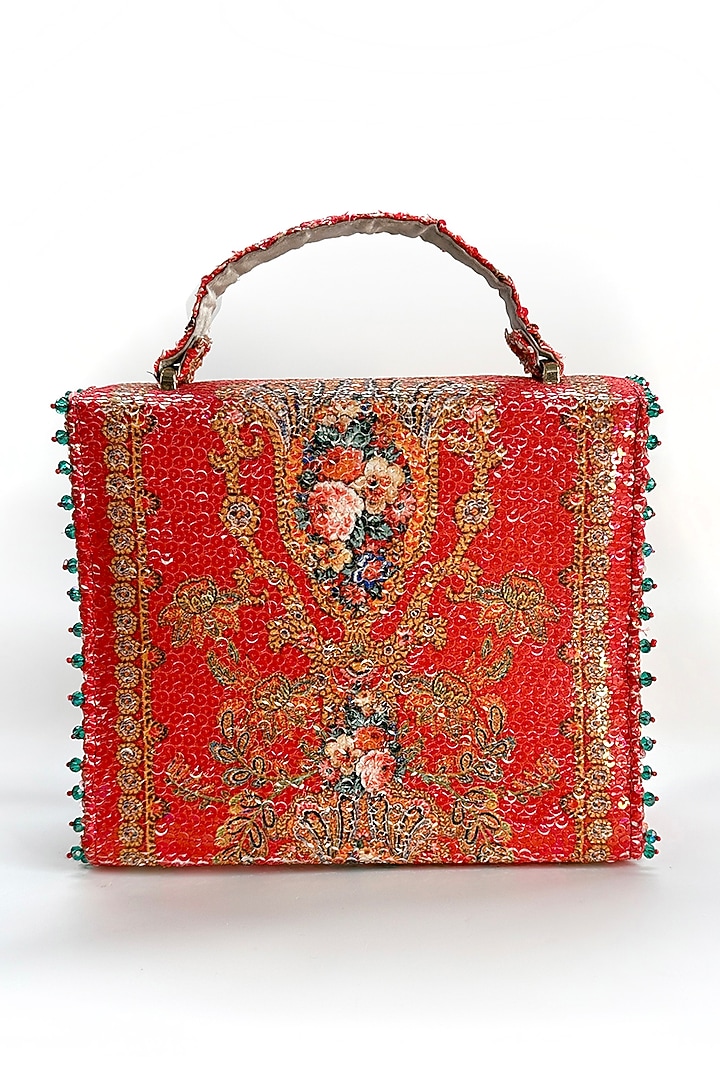 Red Cotton Printed Sequins Handbag by The Garnish Company at Pernia's Pop Up Shop
