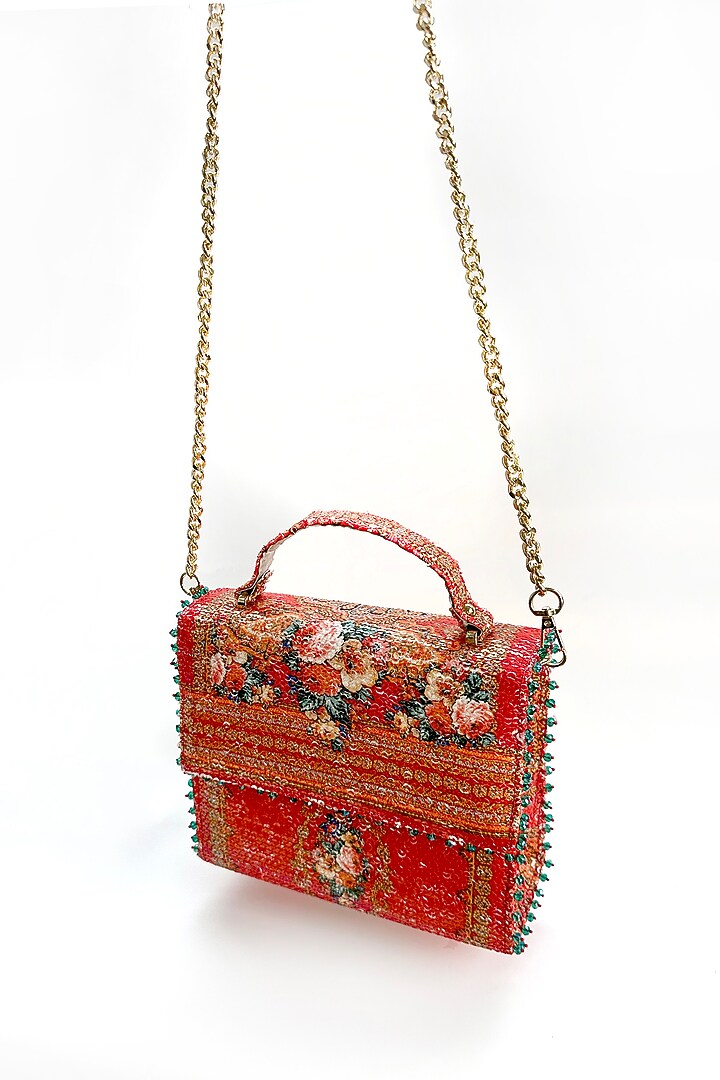 Red Cotton Printed Sequins Handbag by The Garnish Company at Pernia's Pop Up Shop