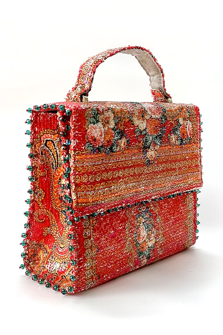 Red Cotton Printed Sequins Handbag by The Garnish Company at Pernia's Pop Up Shop