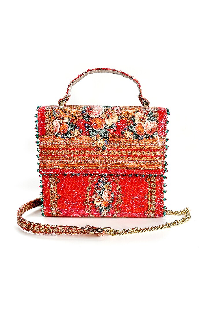 Red Cotton Printed Sequins Handbag by The Garnish Company at Pernia's Pop Up Shop
