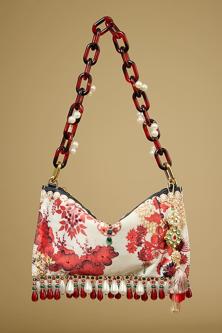 Red & White Satin Pearl & Bead Embellished Handbag by The Garnish Company at Pernia's Pop Up Shop