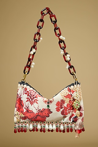 Red & White Satin Pearl & Bead Embellished Handbag by The Garnish Company