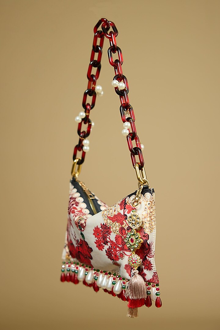 Red & White Satin Pearl & Bead Embellished Handbag by The Garnish Company at Pernia's Pop Up Shop