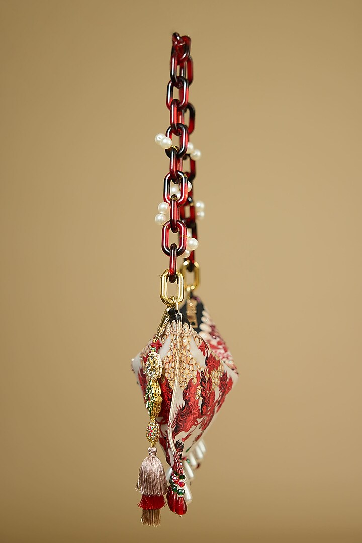 Red & White Satin Pearl & Bead Embellished Handbag by The Garnish Company at Pernia's Pop Up Shop