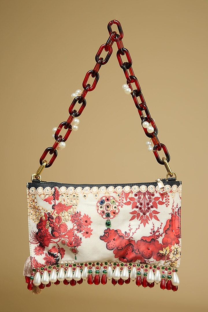Red & White Satin Pearl & Bead Embellished Handbag by The Garnish Company at Pernia's Pop Up Shop