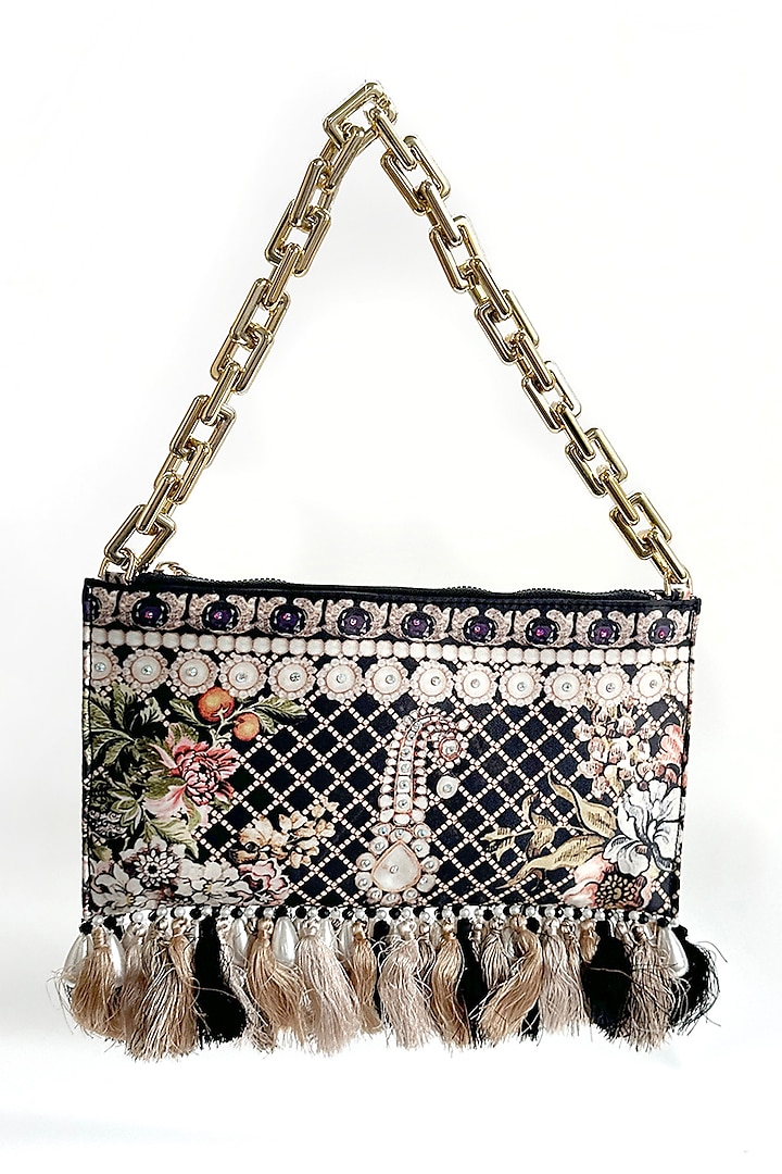 Black Satin Pearl & Bead Embellished Handbag by The Garnish Company at Pernia's Pop Up Shop