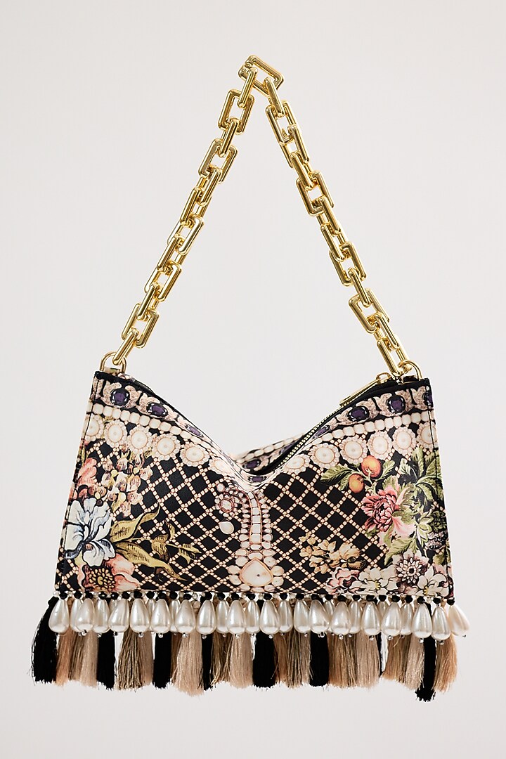 Black Satin Pearl & Bead Embellished Handbag by The Garnish Company at Pernia's Pop Up Shop