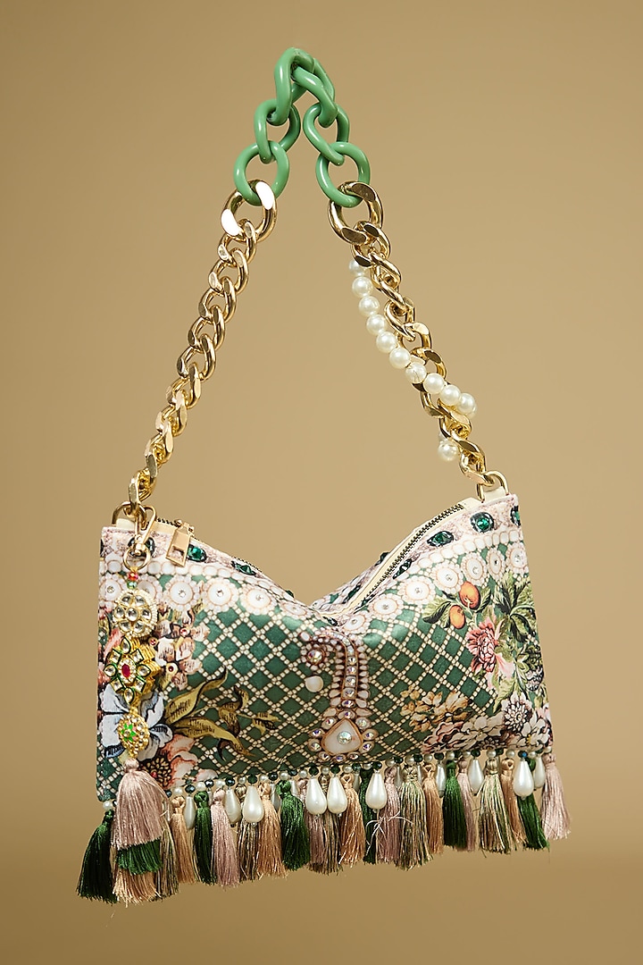 Green Satin Pearl & Bead Embellished Handbag by The Garnish Company at Pernia's Pop Up Shop