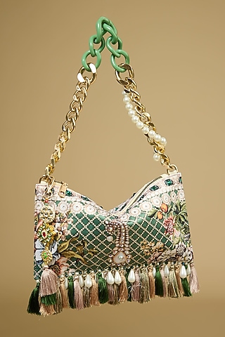 Green Satin Pearl & Bead Embellished Handbag by The Garnish Company