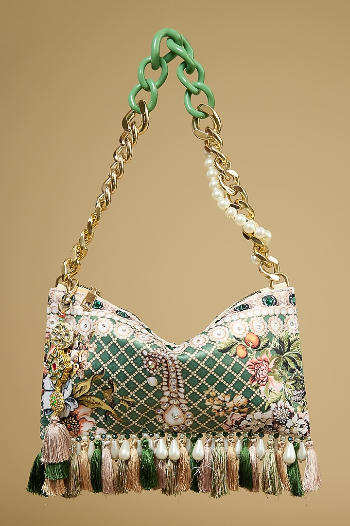 Green Satin Pearl & Bead Embellished Handbag by The Garnish Company at Pernia's Pop Up Shop