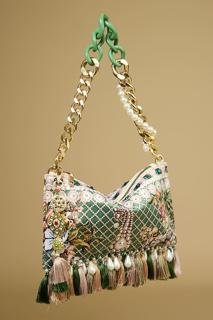 Green Satin Pearl & Bead Embellished Handbag by The Garnish Company at Pernia's Pop Up Shop