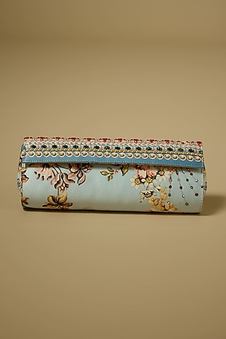 Blue Satin Pearl & Mirror Work Fold-Over Handbag by The Garnish Company