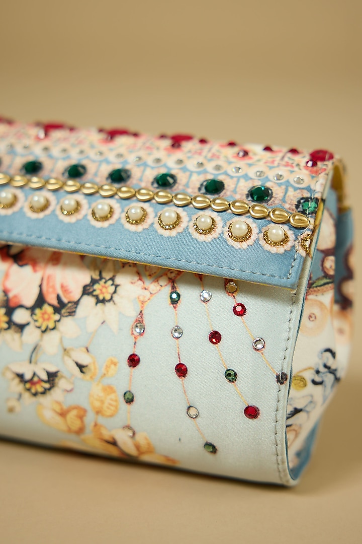 Blue Satin Pearl & Mirror Work Fold-Over Handbag by The Garnish Company at Pernia's Pop Up Shop
