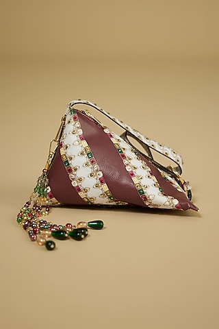 Maroon PU Printed Striped Handbag by The Garnish Company