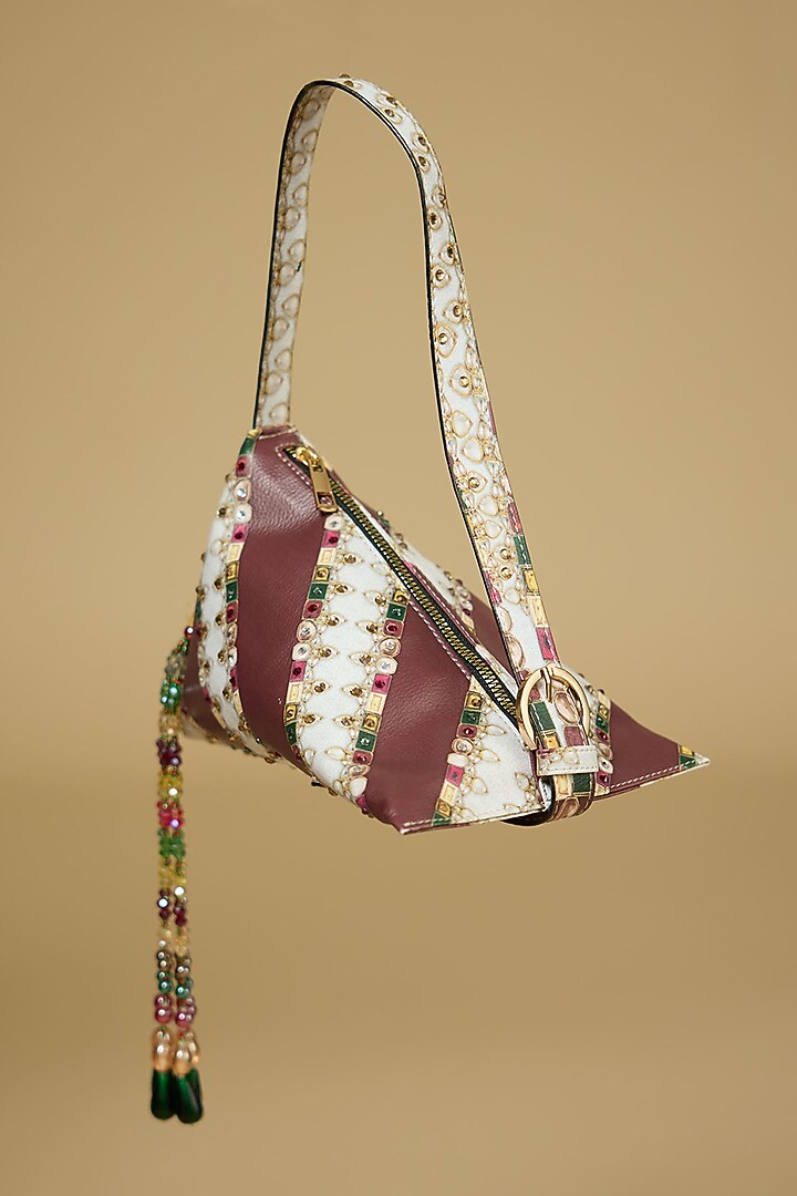 Maroon PU Printed Striped Handbag by The Garnish Company at Pernia's Pop Up Shop