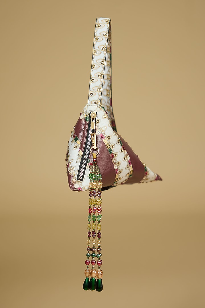 Maroon PU Printed Striped Handbag by The Garnish Company at Pernia's Pop Up Shop
