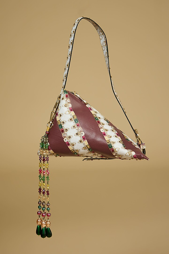 Maroon PU Printed Striped Handbag by The Garnish Company at Pernia's Pop Up Shop