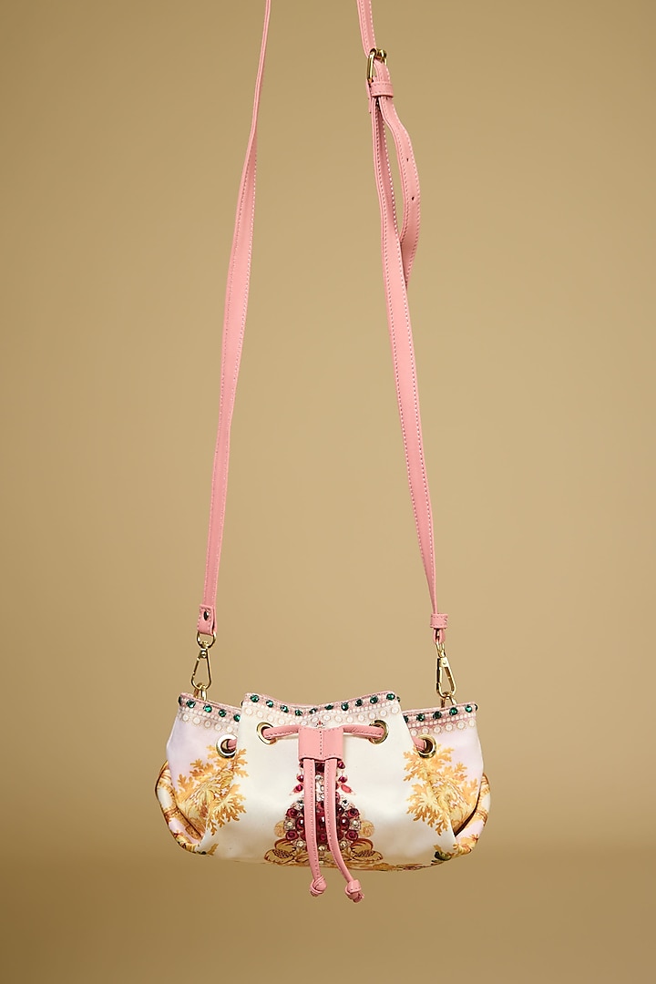 Blush Satin Printed Drawstring Handbag by The Garnish Company at Pernia's Pop Up Shop