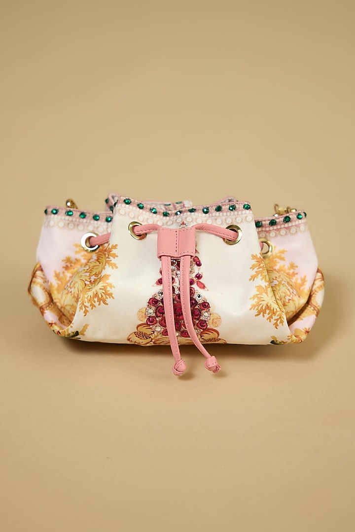 Blush Satin Printed Drawstring Handbag by The Garnish Company at Pernia's Pop Up Shop
