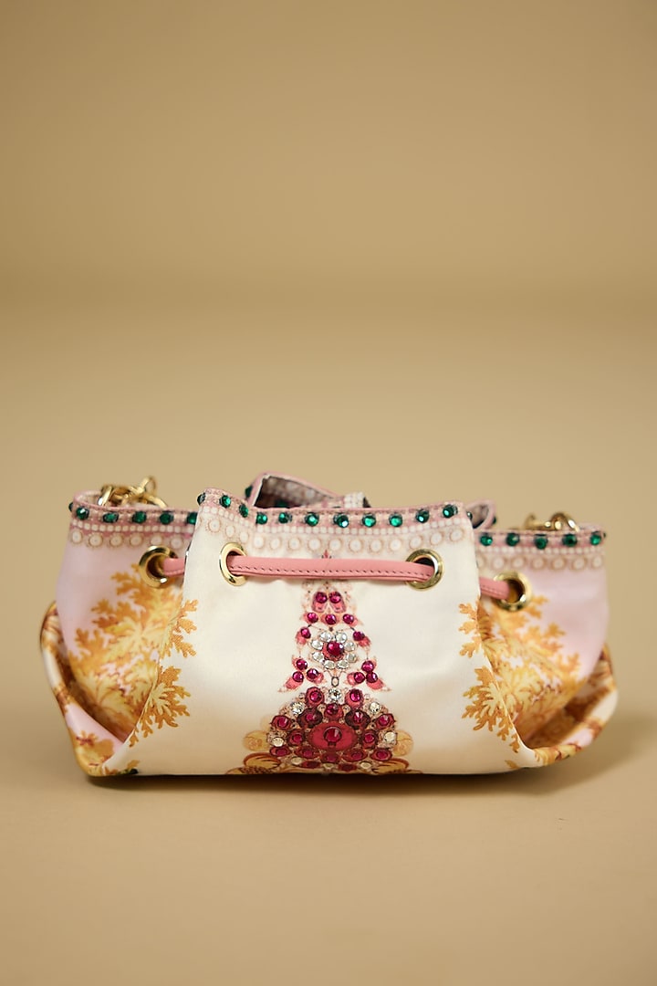 Blush Satin Printed Drawstring Handbag by The Garnish Company at Pernia's Pop Up Shop