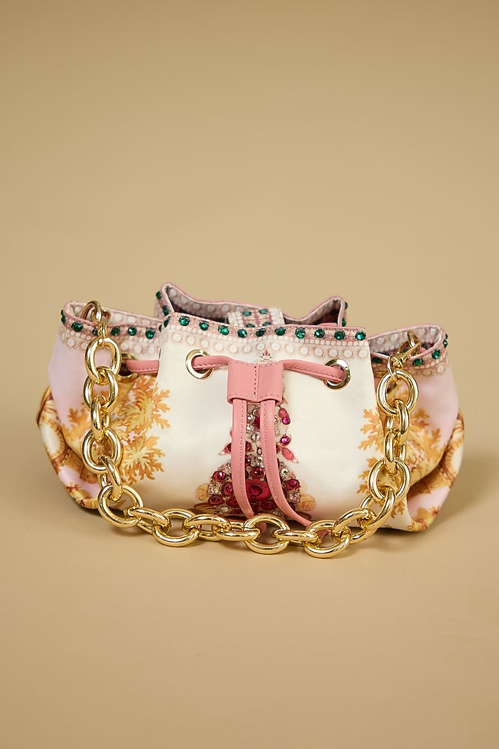 Blush Satin Printed Drawstring Handbag by The Garnish Company at Pernia's Pop Up Shop