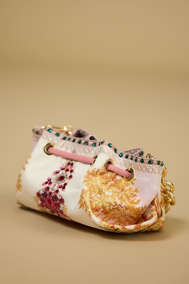 Blush Satin Printed Drawstring Handbag by The Garnish Company at Pernia's Pop Up Shop