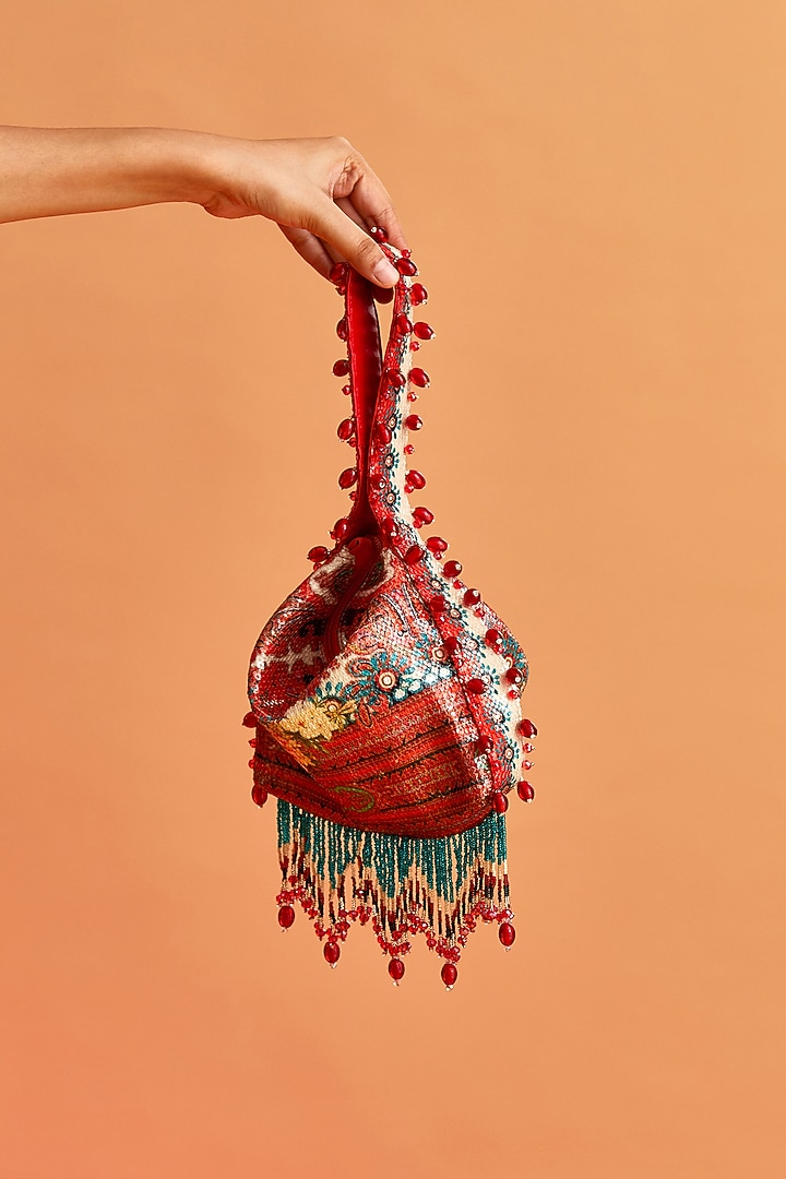 Teal Cotton Sequins Potli Bag by The Garnish Company at Pernia's Pop Up Shop