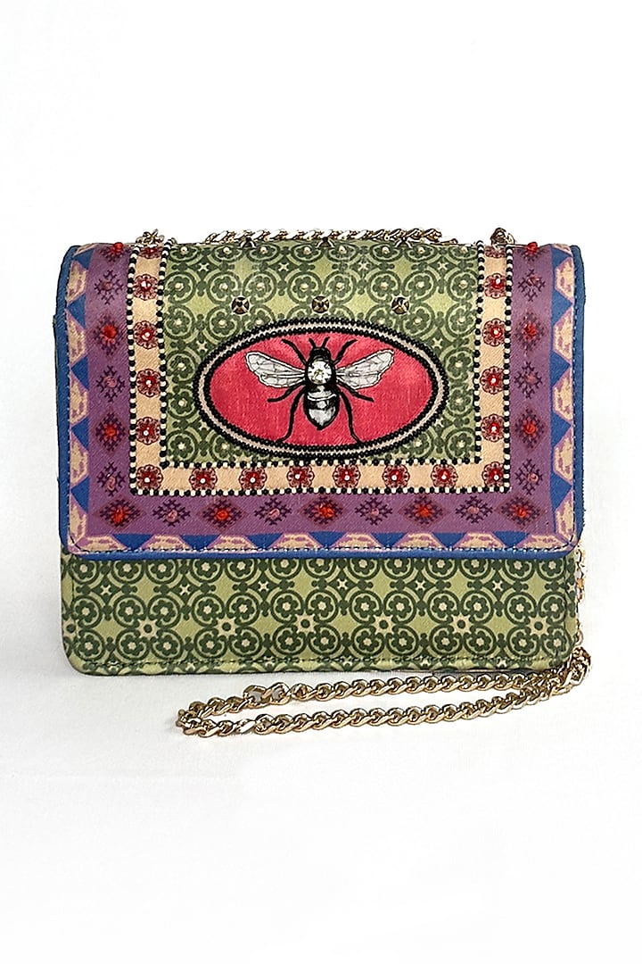 Green Satin Center Bee Scarf Printed Sling Bag by The Garnish Company at Pernia's Pop Up Shop