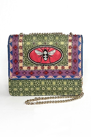 Green Satin Center Bee Scarf Printed Sling Bag by The Garnish Company
