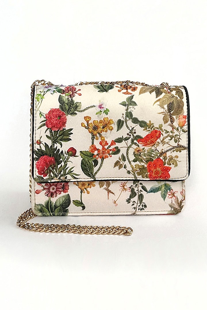 Cream Cotton Canvas Botanical Floral Printed Sling Bag by The Garnish Company at Pernia's Pop Up Shop