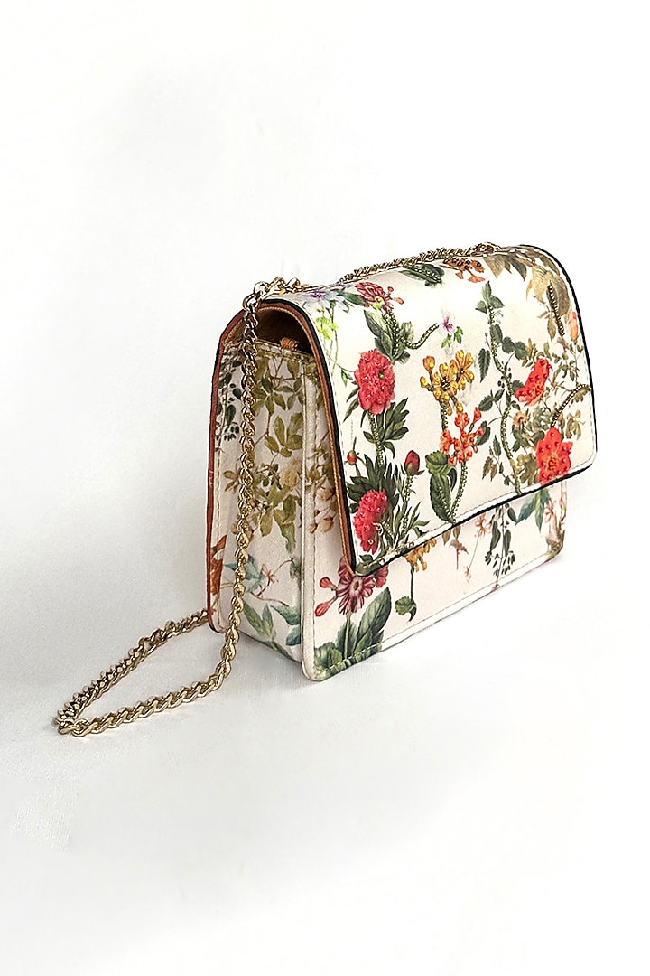 Cream Cotton Canvas Botanical Floral Printed Sling Bag by The Garnish Company at Pernia's Pop Up Shop
