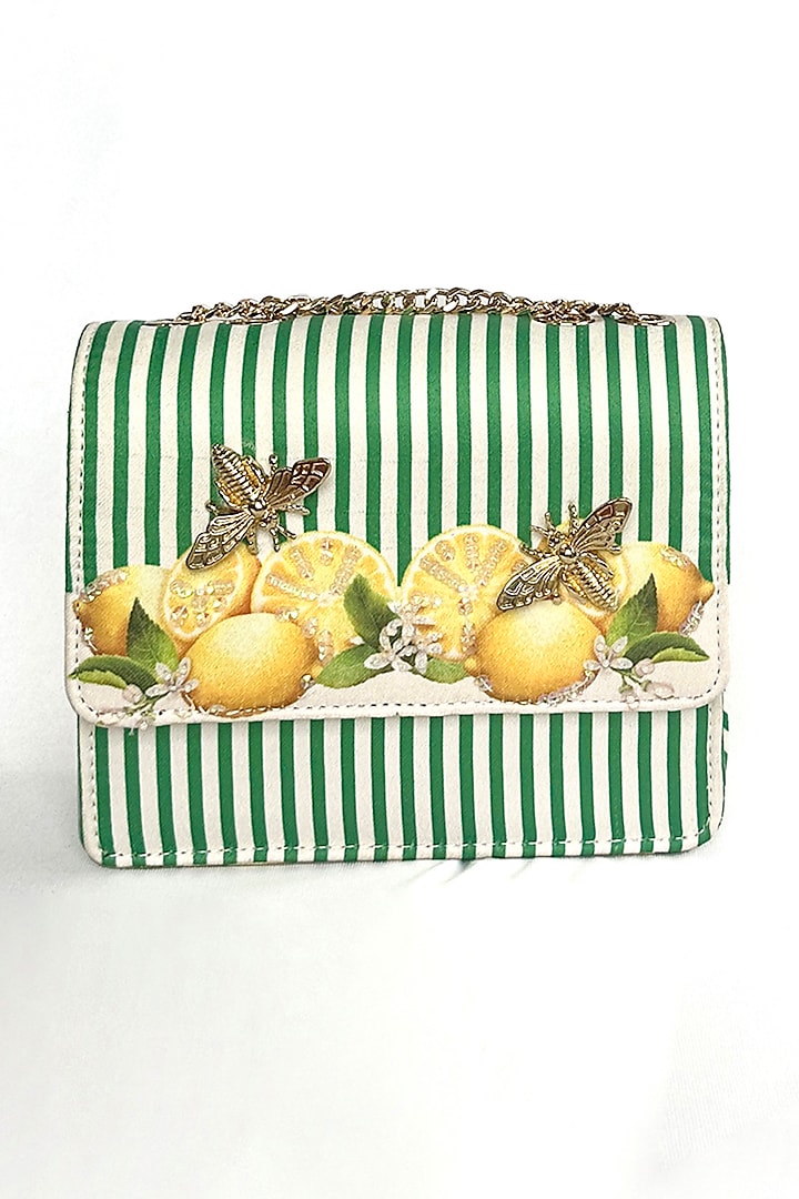 Green Satin Lemon & Stripes Printed Sling Bag by The Garnish Company at Pernia's Pop Up Shop