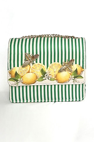Green Satin Lemon & Stripes Printed Sling Bag by The Garnish Company