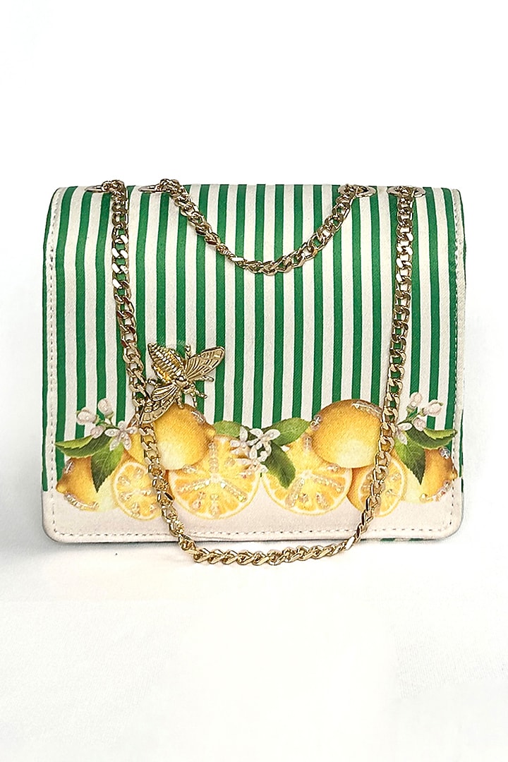 Green Satin Lemon & Stripes Printed Sling Bag by The Garnish Company at Pernia's Pop Up Shop