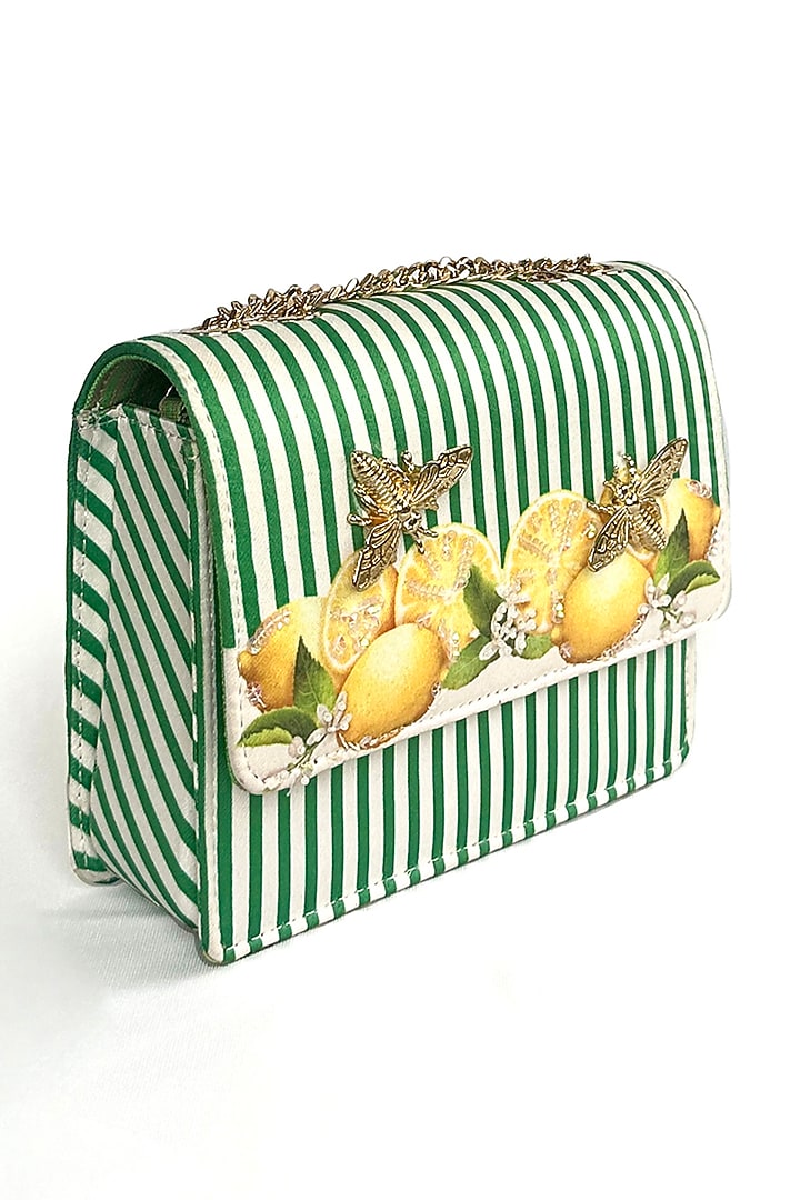 Green Satin Lemon & Stripes Printed Sling Bag by The Garnish Company at Pernia's Pop Up Shop