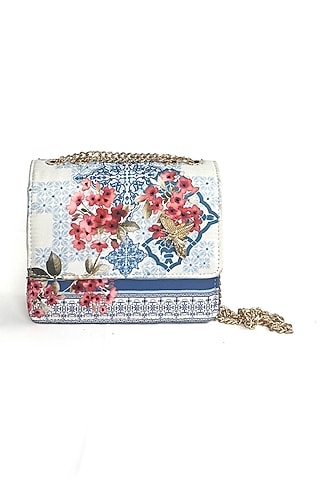 Blue Satin Mosaic & Floral Printed Sling Bag by The Garnish Company