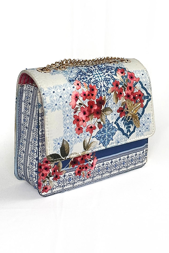 Blue Satin Mosaic & Floral Printed Sling Bag by The Garnish Company at Pernia's Pop Up Shop